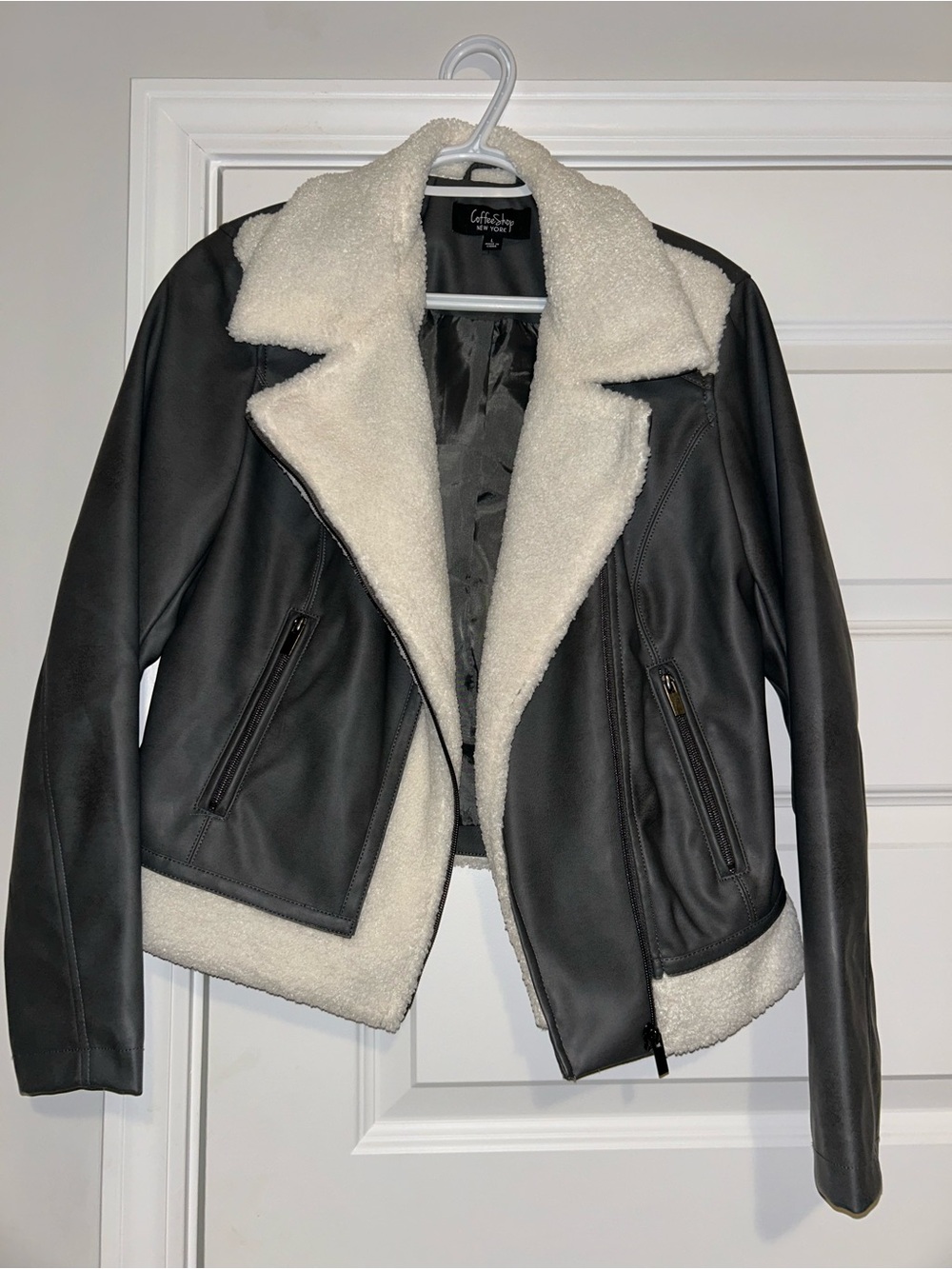 Faux Leather Sherpa Jacket - Black/White